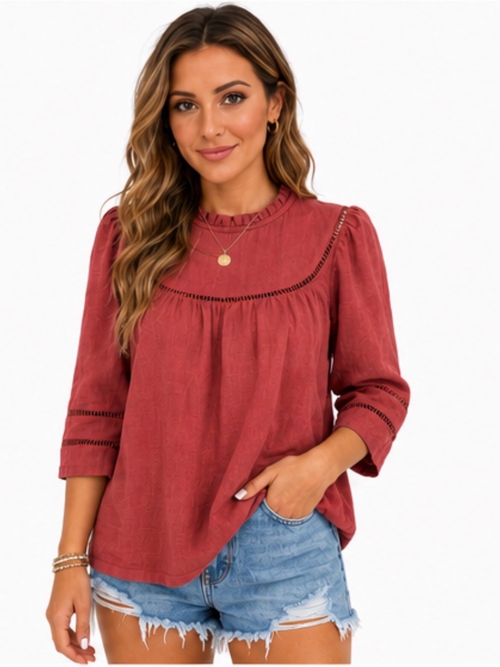 Ruffled Yoke Peasant Blouse in Rust